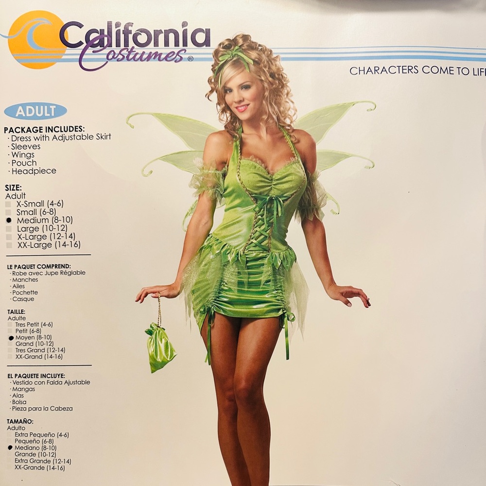 Women's Tinkerbell Fairy Costume Medium Dress, sleeves, wings, pouch, headpiece